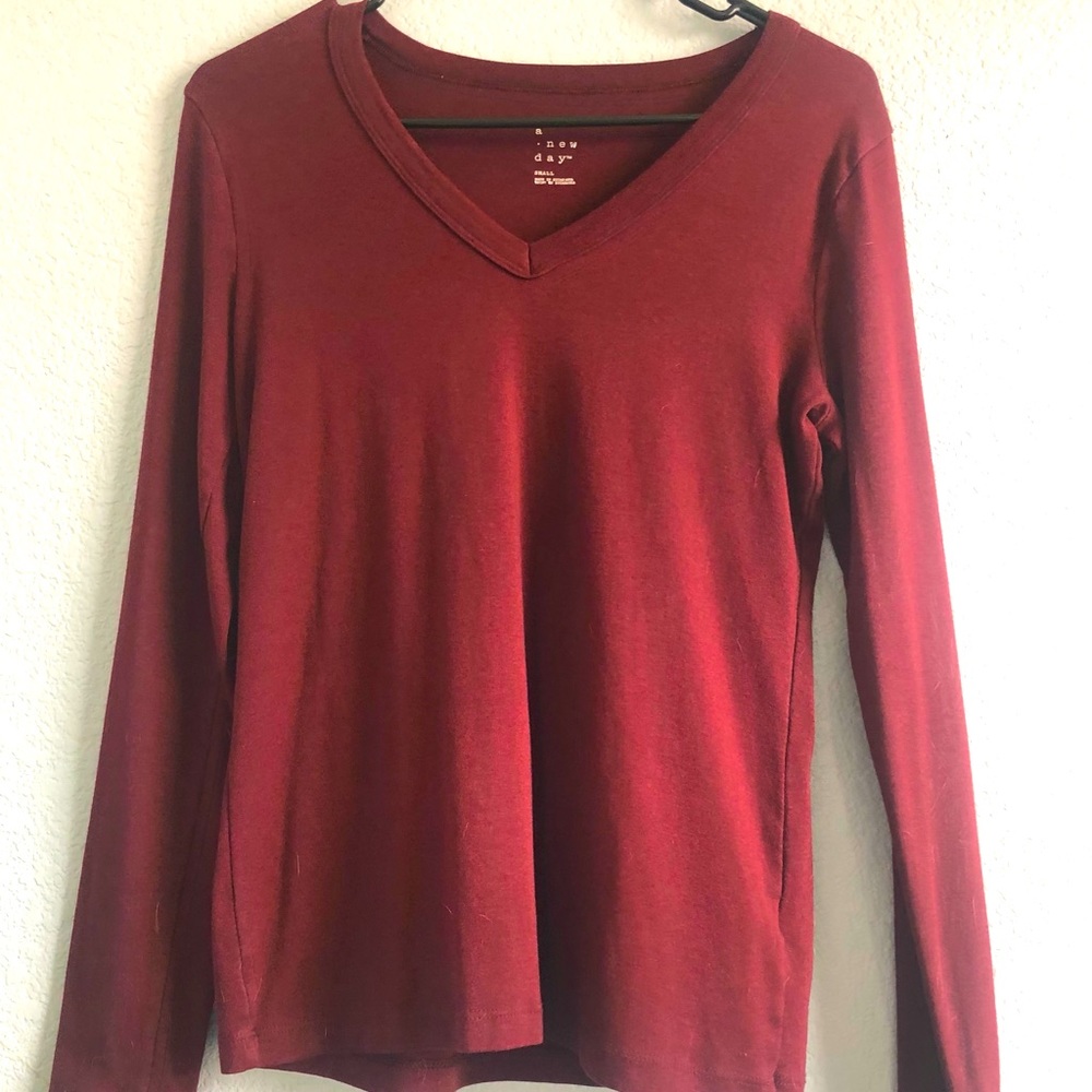 A New Day, Maroon colored, V-neck, long sleeved t-shirt
